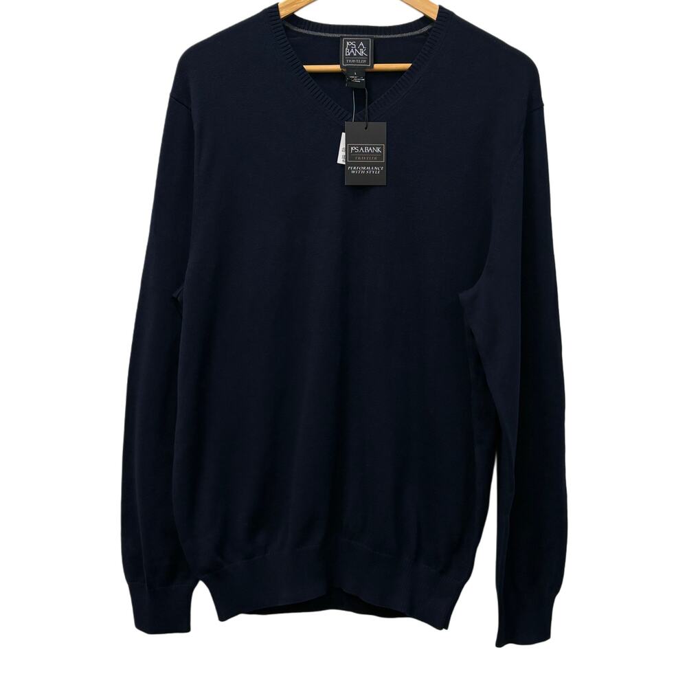 NEW Jos A Bank Traveler Pima Cotton Sweater Men’s Large Navy V-Neck Lightweight